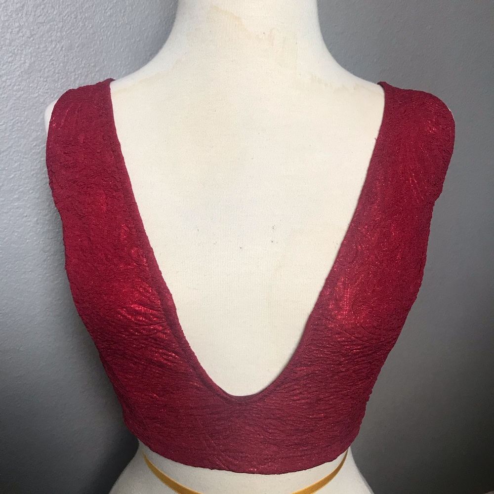 Sexy low cut red metallic brocade tank top